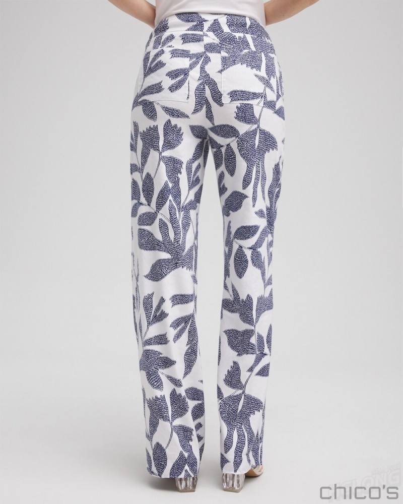 Chico's Linen Blend Leaf Print Pants Pants Alabaster/Evening Eclipse | 843-SAPTJF