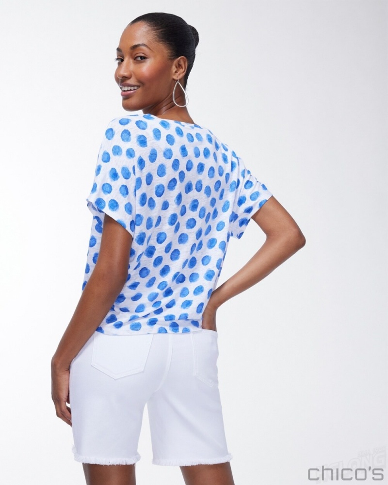 Chico's Linen Blue Dots Tie Front Tee Tees & Tanks Poolside Blue | 843-LSOCIP