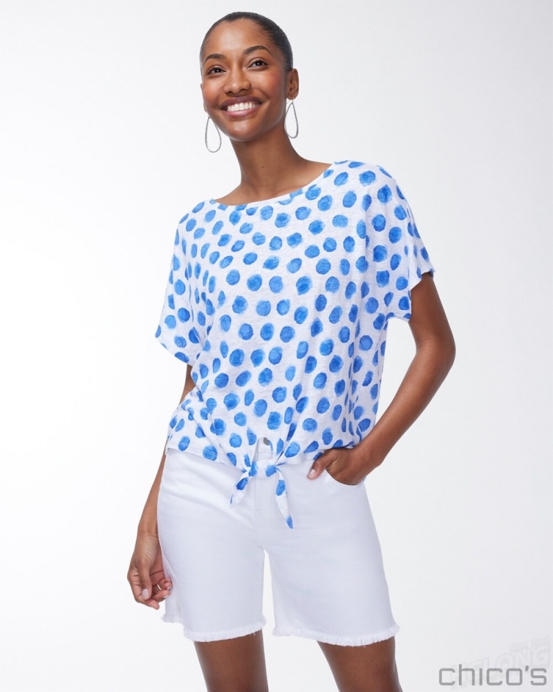 Chico's Linen Blue Dots Tie Front Tee Tees & Tanks Poolside Blue | 843-LSOCIP