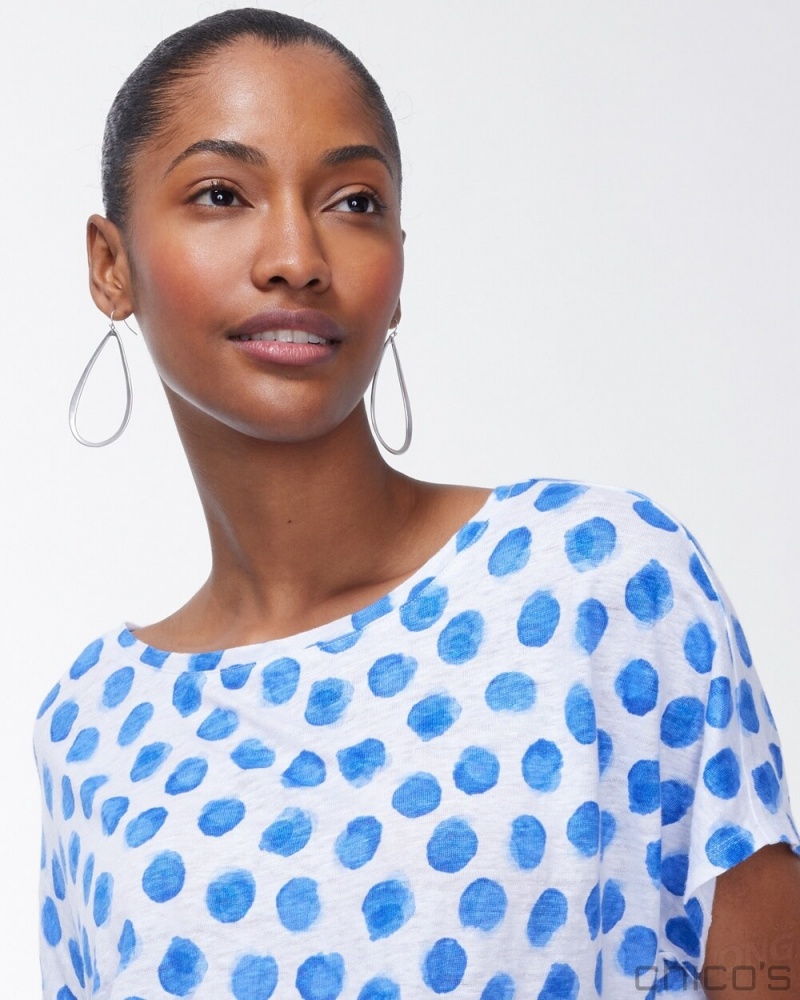 Chico's Linen Blue Dots Tie Front Tee Tees & Tanks Poolside Blue | 843-LSOCIP