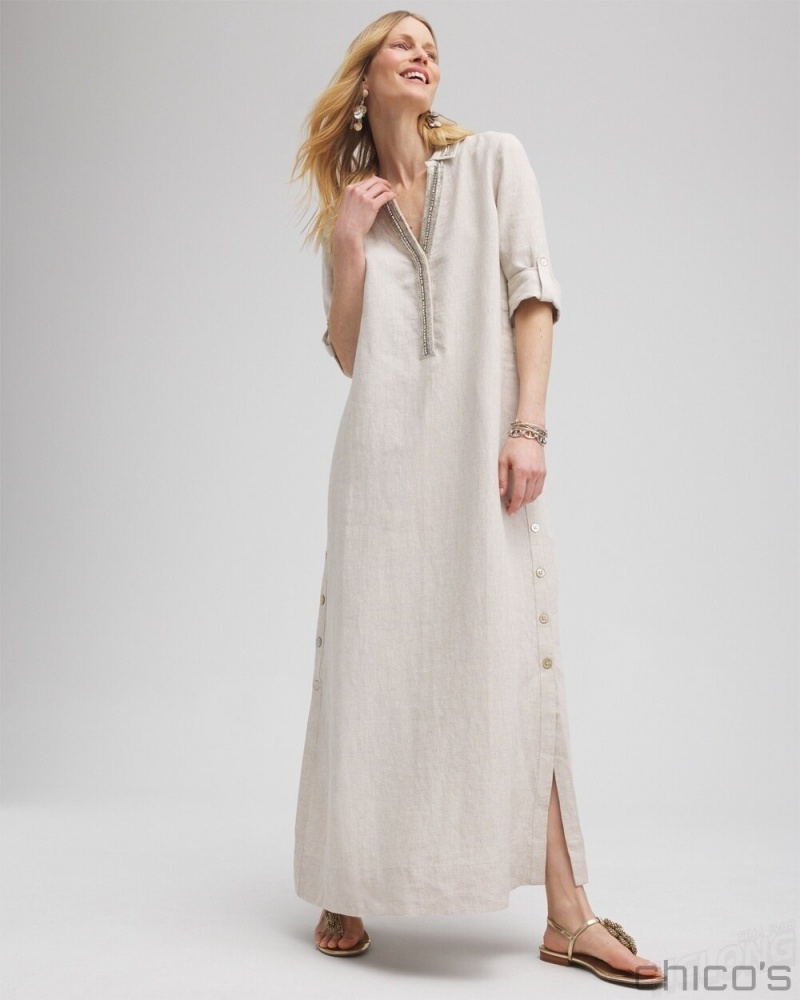 Chico's Linen Embellished Maxi Shirt Dress Dresses Oatmeal | 190-UMPKJX