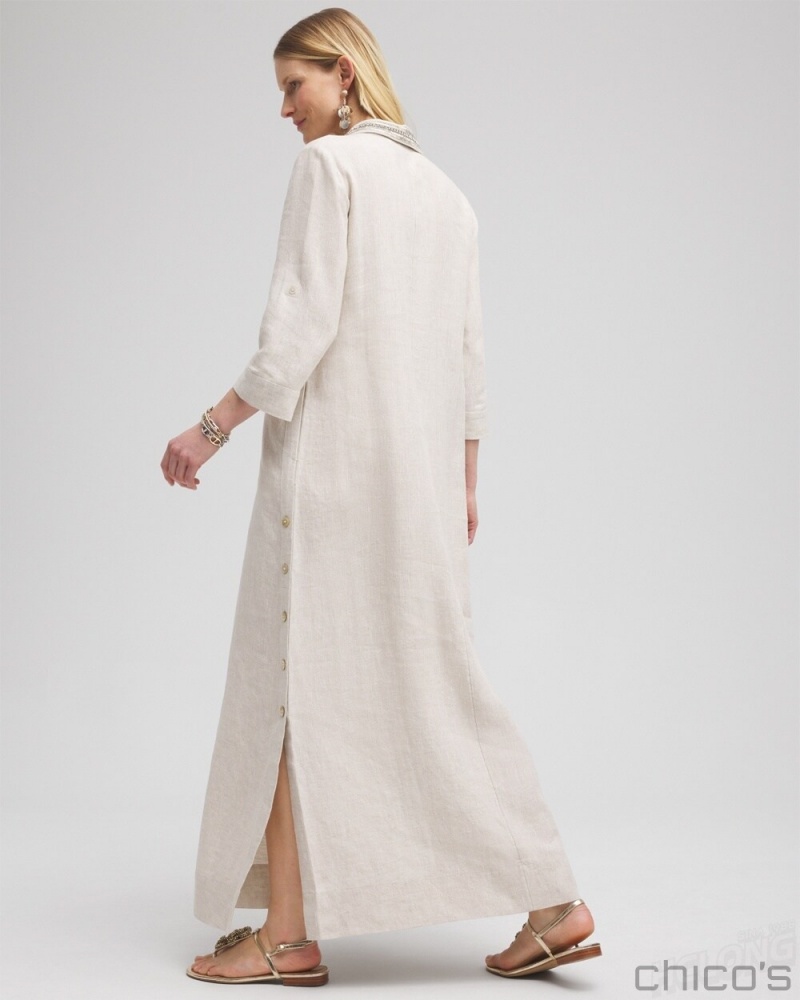 Chico's Linen Embellished Maxi Shirt Dress Dresses Oatmeal | 190-UMPKJX