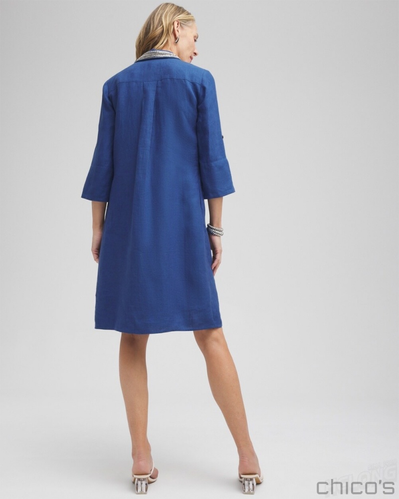 Chico's Linen Embellished Shirt Dress Dresses Naval Indigo | 756-JAFNCH