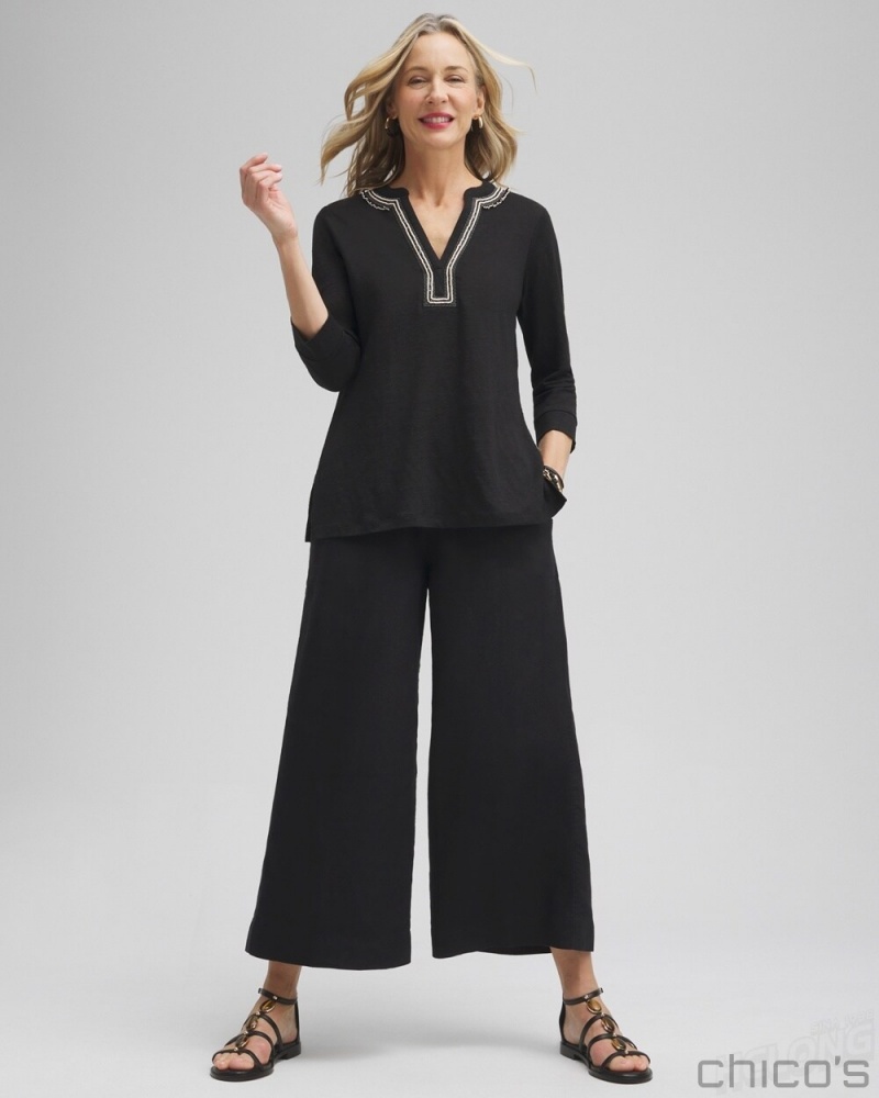 Chico's Linen Embellished Tunic Tops Black | 154-DMCPNE