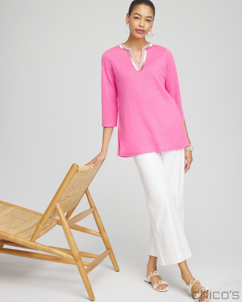 Chico's Linen Embellished Tunic Tops DELIGHTFUL PINK | 805-FPRTBC