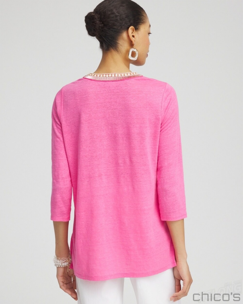 Chico's Linen Embellished Tunic Tops DELIGHTFUL PINK | 805-FPRTBC