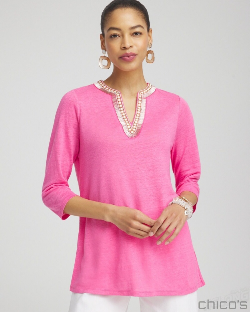 Chico\'s Linen Embellished Tunic Tops DELIGHTFUL PINK | 805-FPRTBC