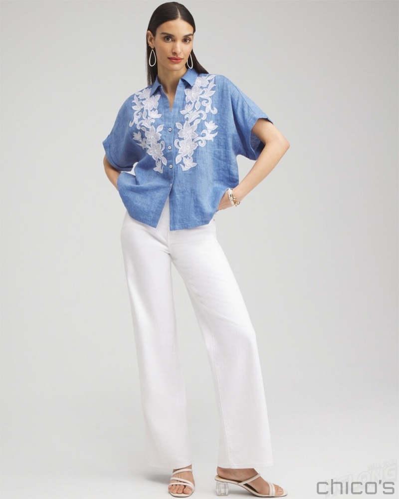 Chico's Linen Embroidered Applique Shirt Blouses & Shirts Indigo | 834-AJLCNB