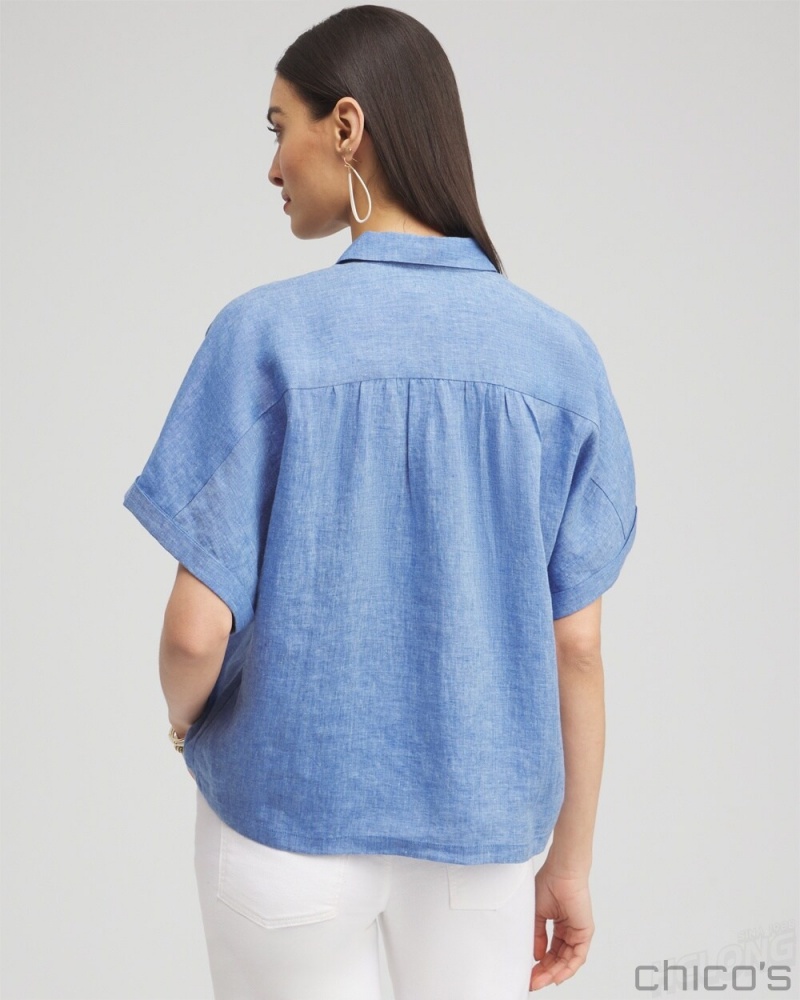 Chico's Linen Embroidered Applique Shirt Blouses & Shirts Indigo | 834-AJLCNB