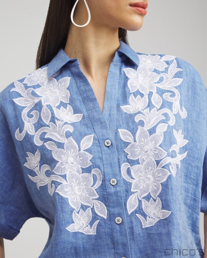 Chico's Linen Embroidered Applique Shirt Blouses & Shirts Indigo | 834-AJLCNB