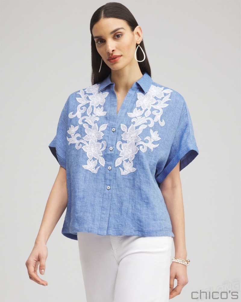 Chico\'s Linen Embroidered Applique Shirt Blouses & Shirts Indigo | 834-AJLCNB