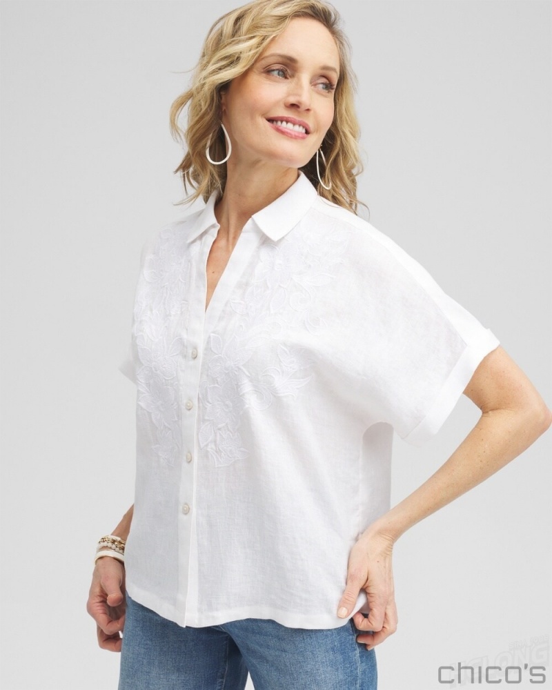 Chico's Linen Embroidered Applique Shirt Blouses & Shirts Alabaster | 680-VWHDLZ