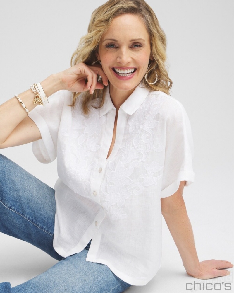 Chico's Linen Embroidered Applique Shirt Blouses & Shirts Alabaster | 680-VWHDLZ