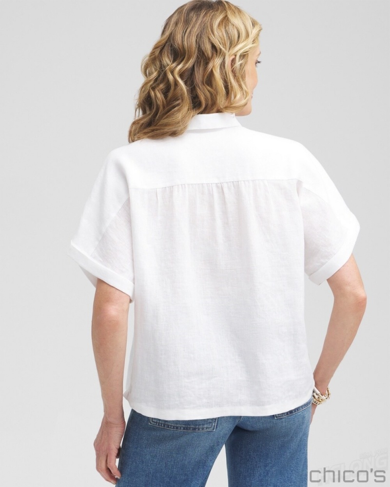 Chico's Linen Embroidered Applique Shirt Blouses & Shirts Alabaster | 680-VWHDLZ