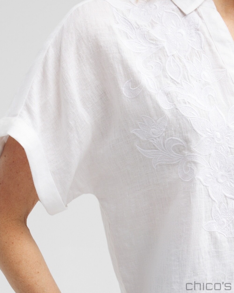 Chico's Linen Embroidered Applique Shirt Blouses & Shirts Alabaster | 680-VWHDLZ