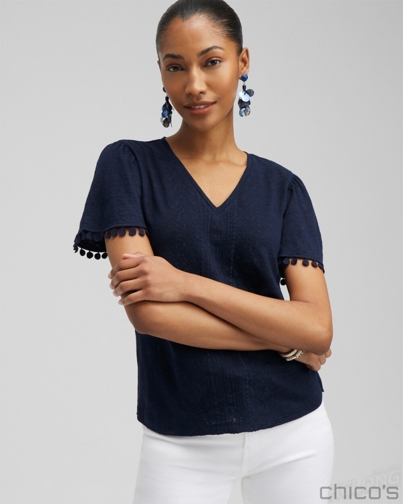 Chico's Linen Embroidered Flutter Sleeve Top Tees & Tanks Classic Navy | 043-QRPJNI