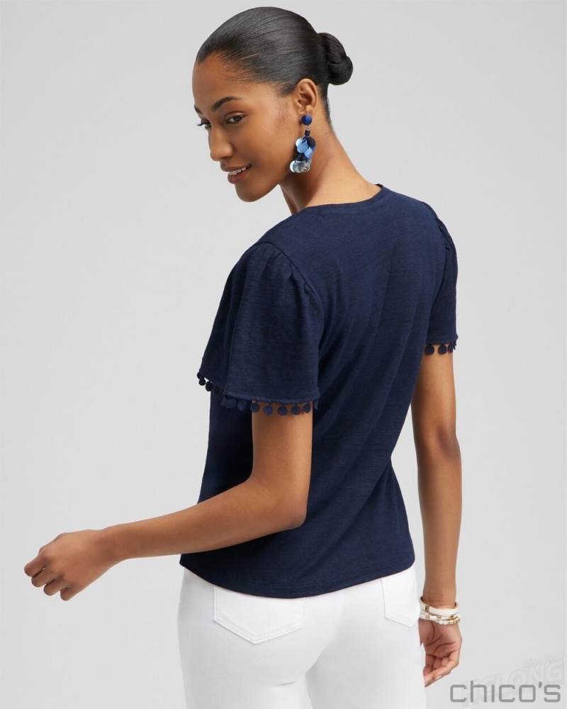 Chico's Linen Embroidered Flutter Sleeve Top Tees & Tanks Classic Navy | 043-QRPJNI