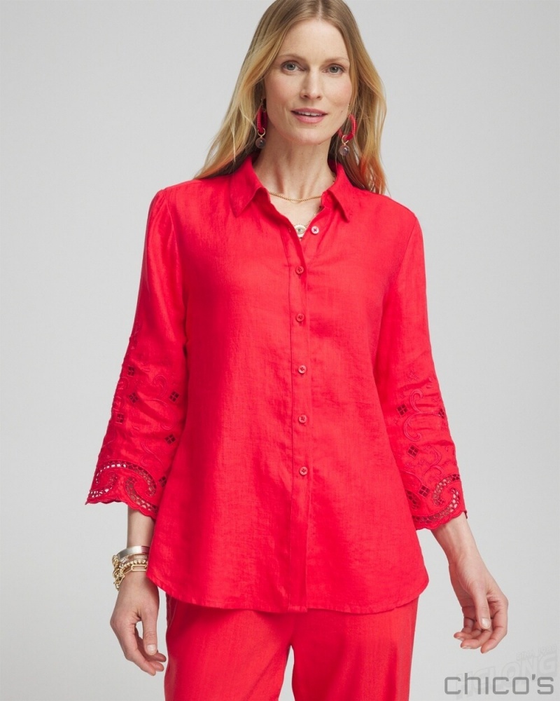 Chico's Linen Eyelet Sleeve Shirt Blouses & Shirts Watermelon Punch | 359-XWNEQT