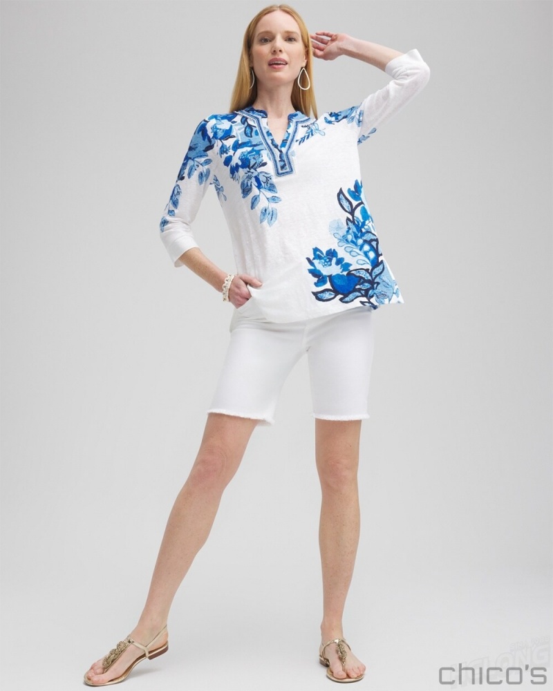 Chico's Linen Floral Embellished Tunic Tops Intense Azure | 264-FVGZJN