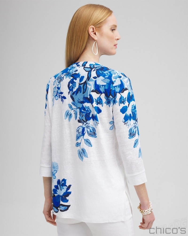 Chico's Linen Floral Embellished Tunic Tops Intense Azure | 264-FVGZJN