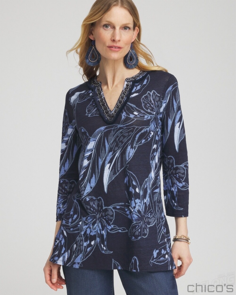 Chico's Linen Floral Embellished Tunic Tops Classic Navy | 587-ZQOKER