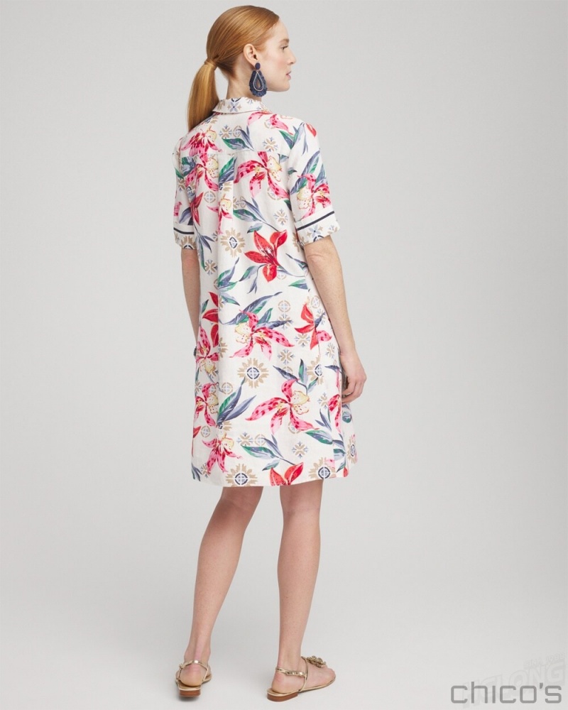 Chico's Linen Floral Popover Shirt Dress Dresses Alabaster | 184-VROBDI