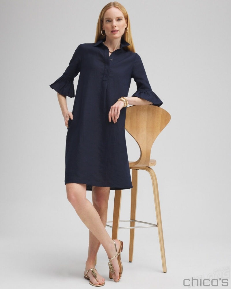 Chico's Linen Fluted Sleeve Dress Dresses Classic Navy | 251-OXNPHM