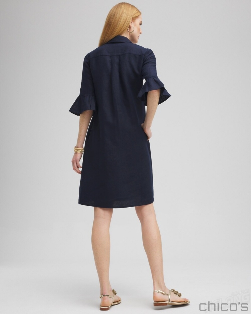 Chico's Linen Fluted Sleeve Dress Dresses Classic Navy | 251-OXNPHM