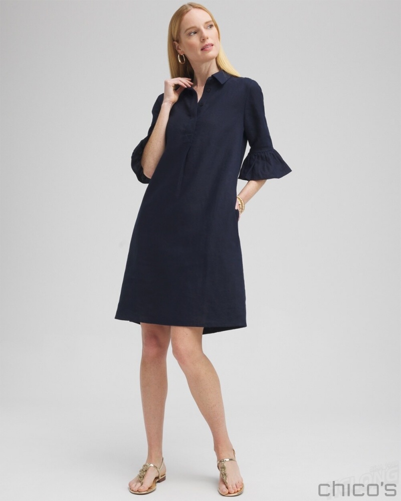 Chico\'s Linen Fluted Sleeve Dress Dresses Classic Navy | 251-OXNPHM