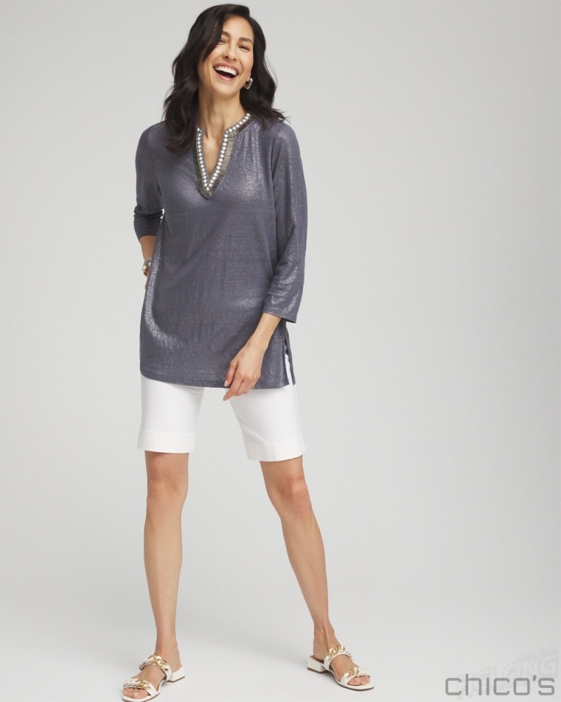 Chico's Linen Foil Embellished Tunic Tops Soft Slate | 985-XUATSB