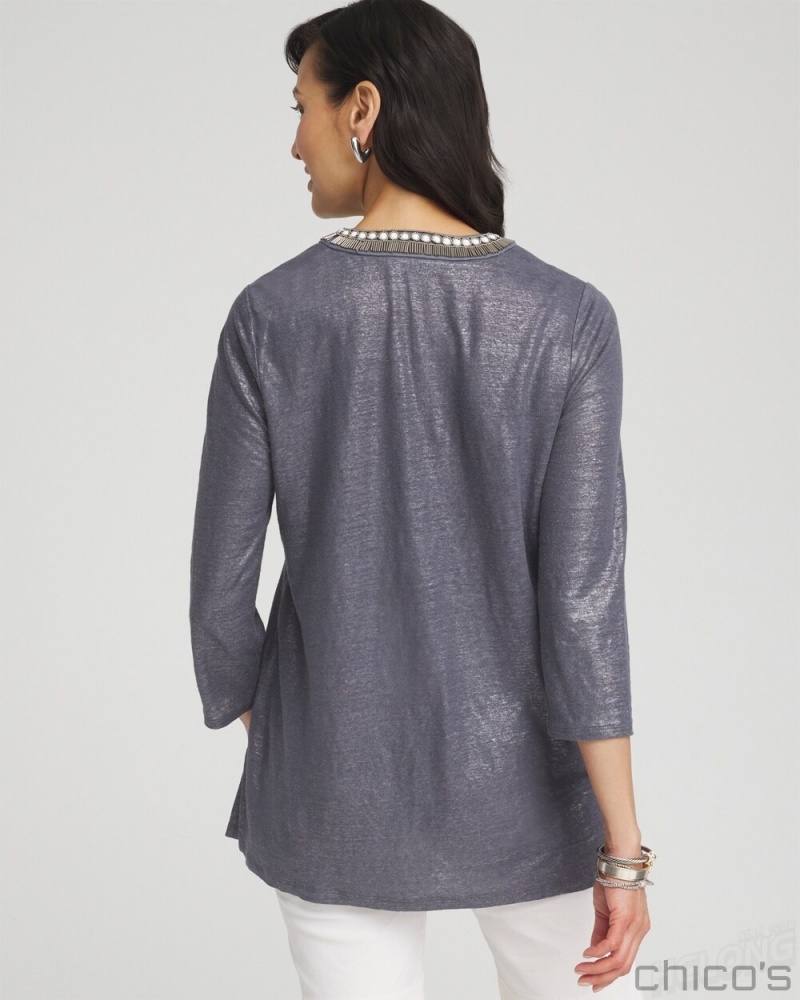 Chico's Linen Foil Embellished Tunic Tops Soft Slate | 985-XUATSB