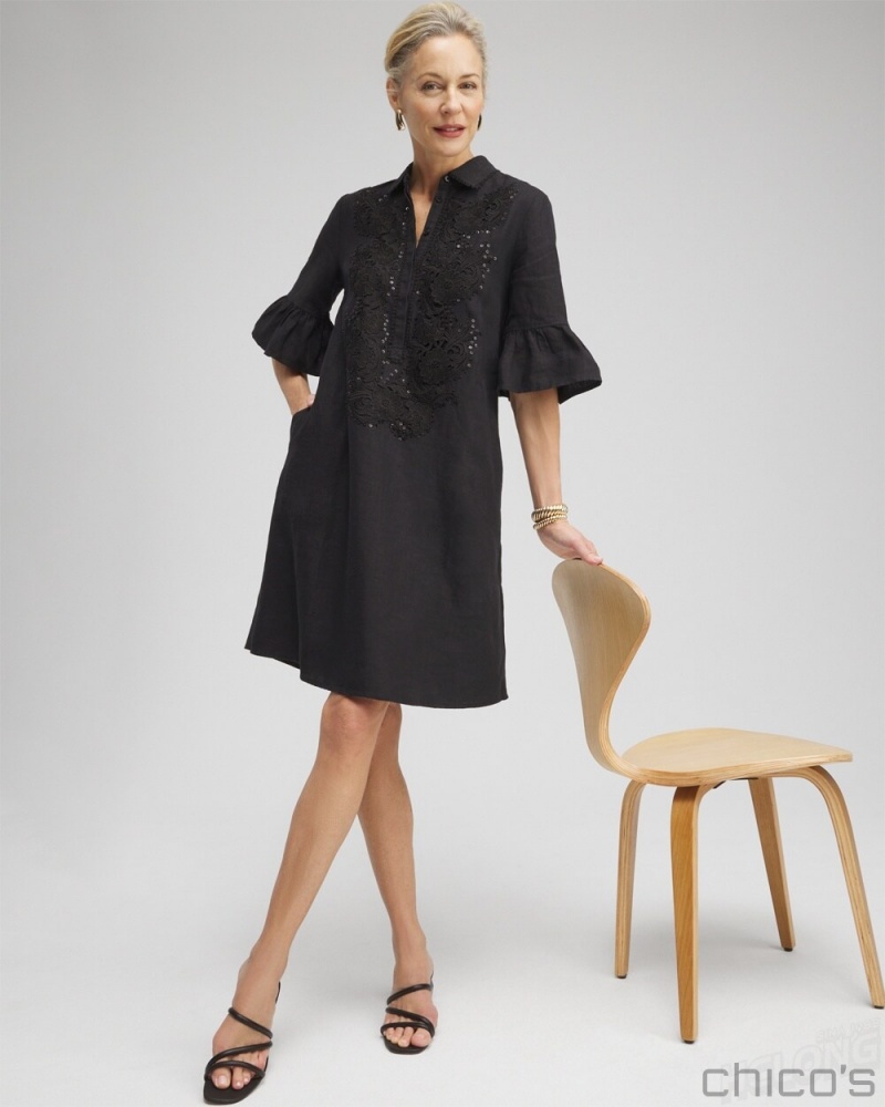 Chico's Linen Lace Applique Dress Dresses Black | 579-FBRAQH