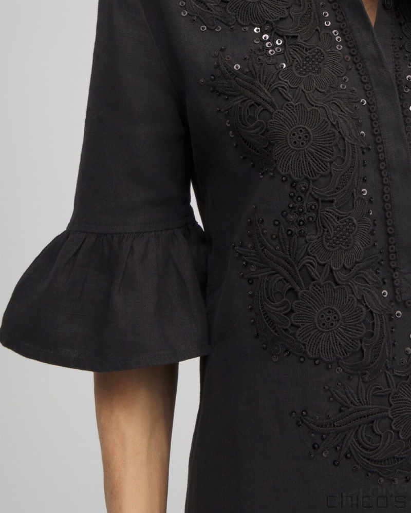 Chico's Linen Lace Applique Dress Dresses Black | 579-FBRAQH