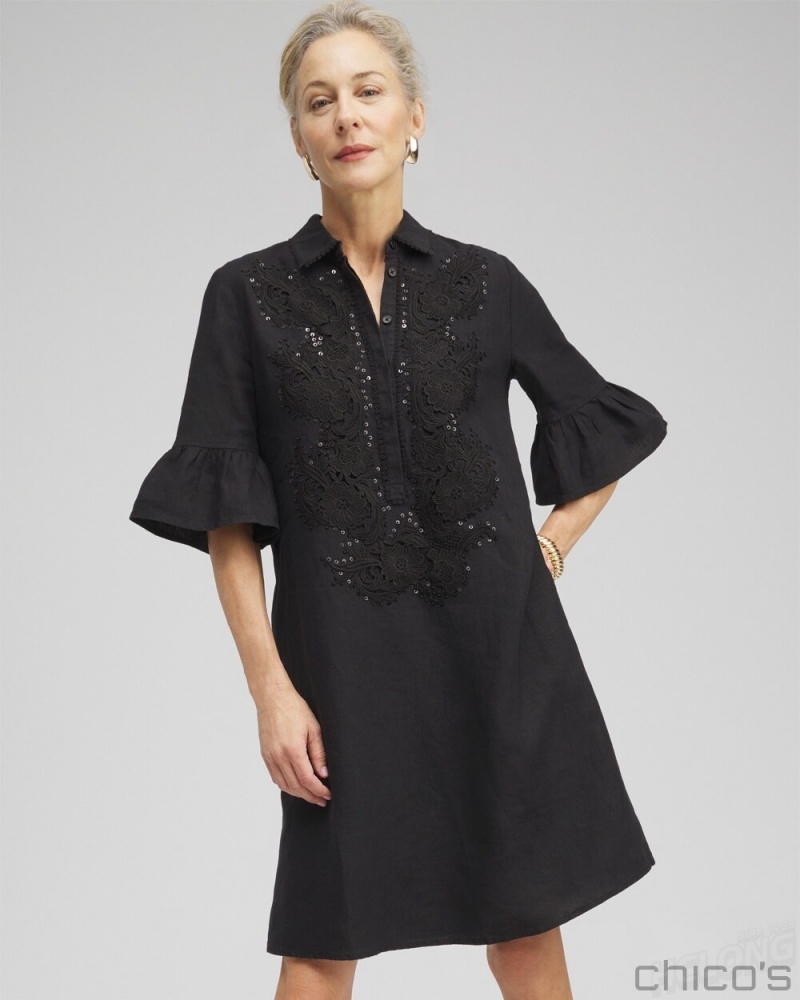 Chico\'s Linen Lace Applique Dress Dresses Black | 579-FBRAQH