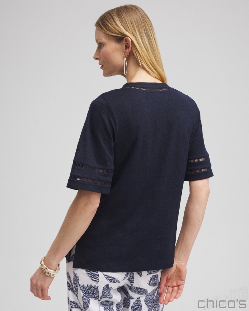 Chico's Linen Ladder Lace Tee Tees & Tanks Classic Navy | 531-ENCYXU