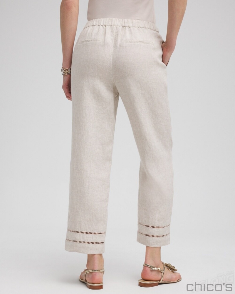 Chico's Linen Ladder Trim Cropped Pants Pants Oatmeal | 851-VFEJLQ