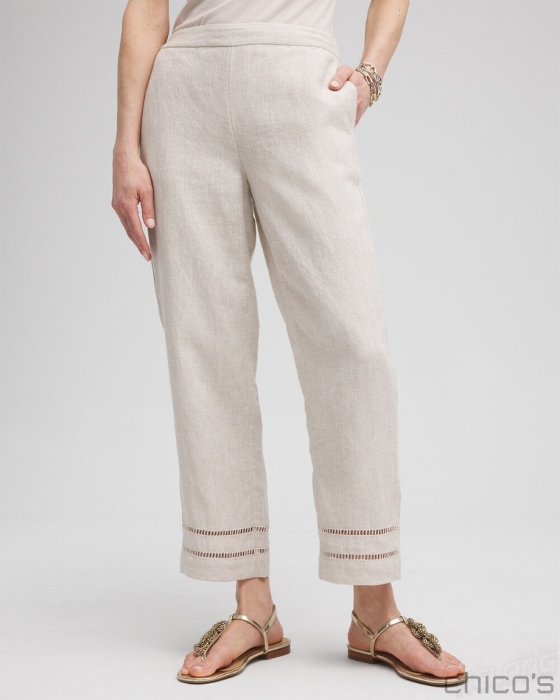 Chico\'s Linen Ladder Trim Cropped Pants Pants Oatmeal | 851-VFEJLQ