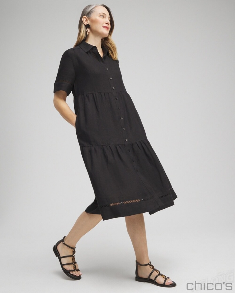 Chico's Linen Lattice Trim Midi Dress Dresses Black | 430-ODXSZR