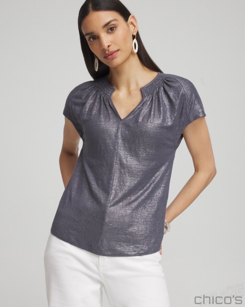 Chico's Linen Metallic Tee Tees & Tanks Soft Slate | 971-PFQKTO