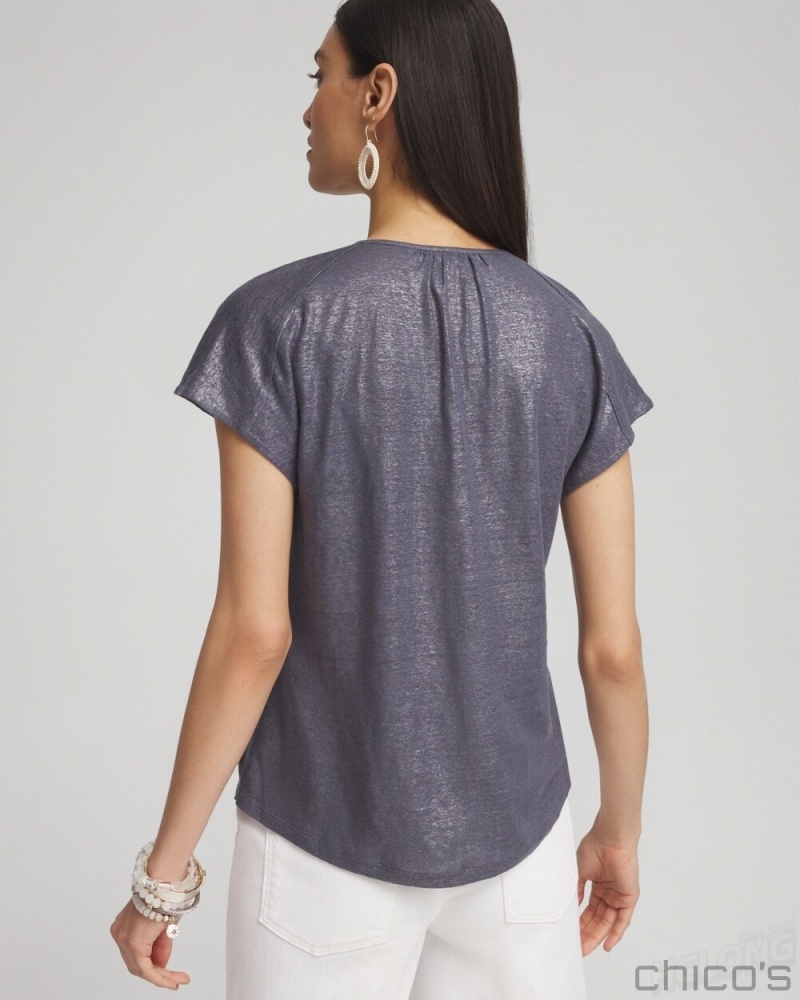 Chico's Linen Metallic Tee Tees & Tanks Soft Slate | 971-PFQKTO