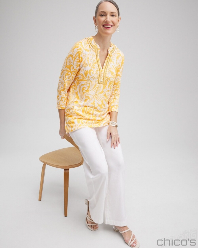 Chico's Linen Paisley Embellished Tunic Tops Mango Sorbet | 718-MLGWCT