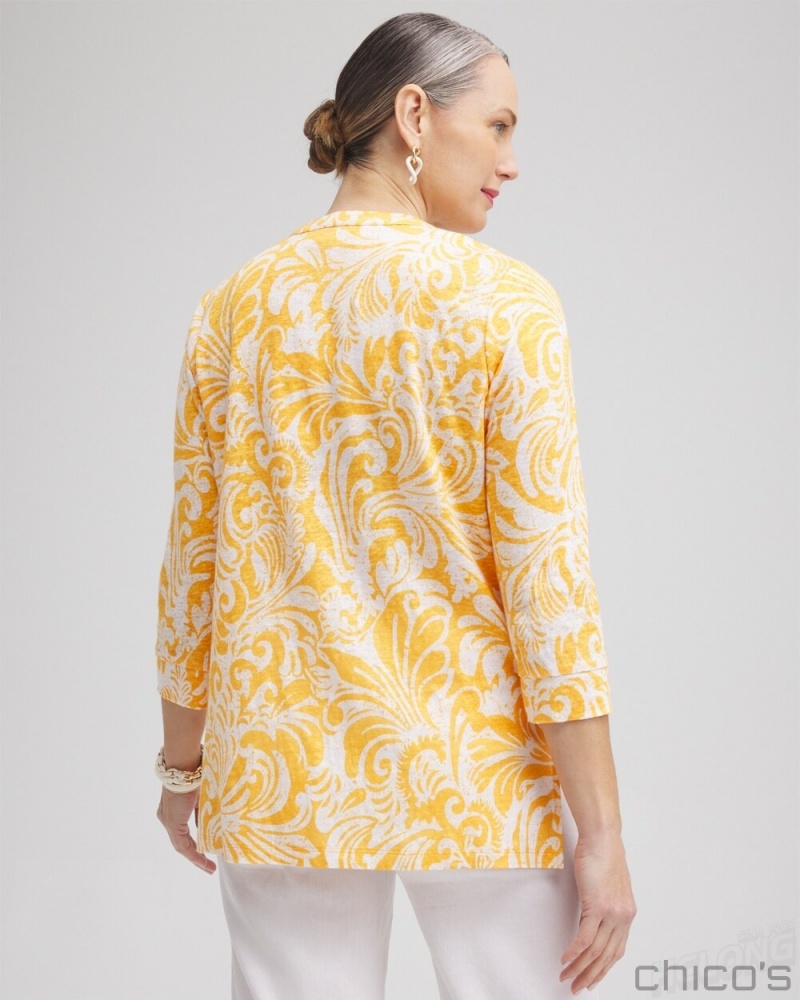 Chico's Linen Paisley Embellished Tunic Tops Mango Sorbet | 718-MLGWCT