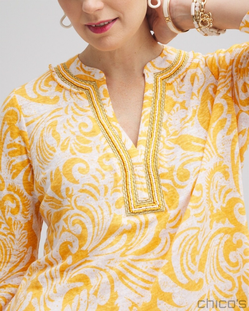 Chico's Linen Paisley Embellished Tunic Tops Mango Sorbet | 718-MLGWCT