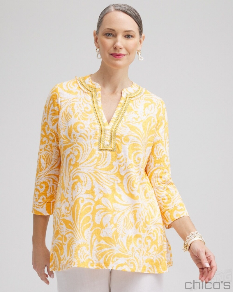 Chico\'s Linen Paisley Embellished Tunic Tops Mango Sorbet | 718-MLGWCT