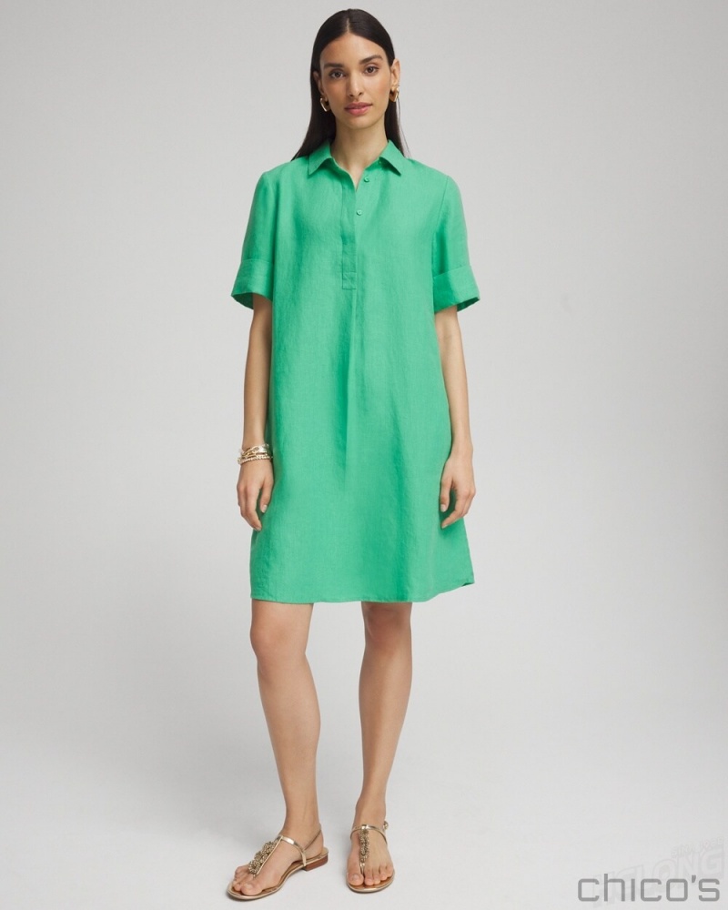 Chico\'s Linen Popover Shirt Dress Dresses GRASSY GREEN | 549-TFMDVW