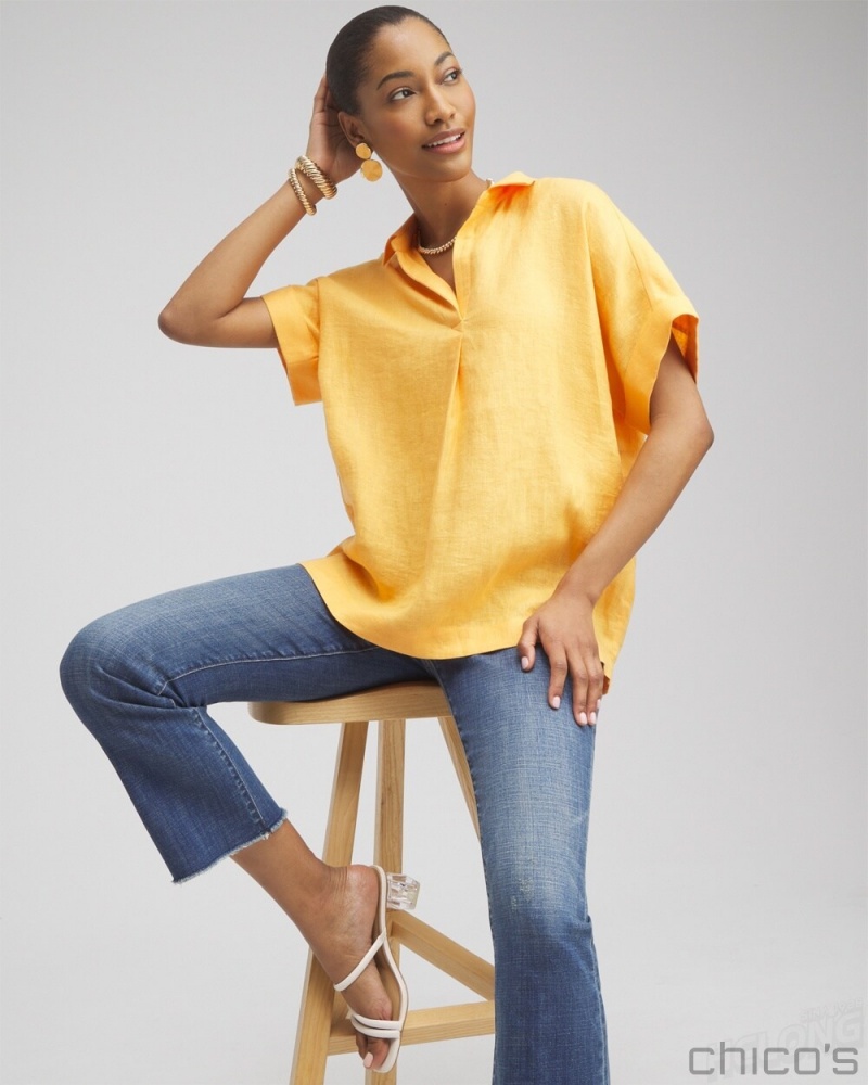 Chico's Linen Popover Top Blouses & Shirts Mango Sorbet | 135-BILZJW