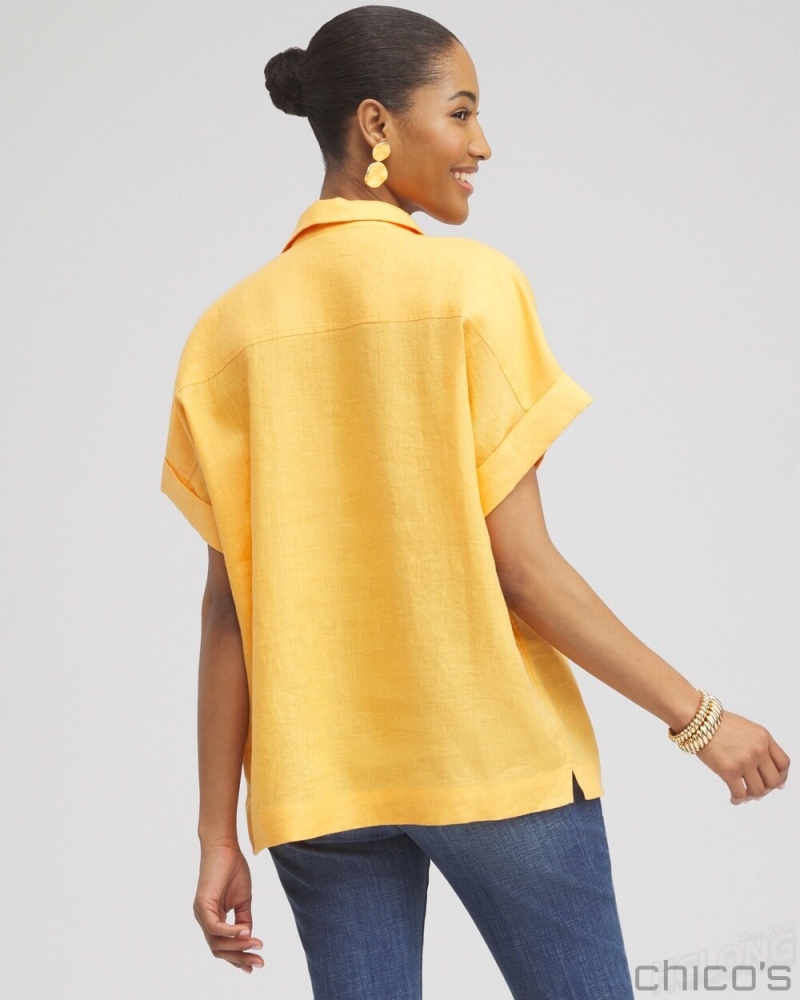 Chico's Linen Popover Top Blouses & Shirts Mango Sorbet | 135-BILZJW