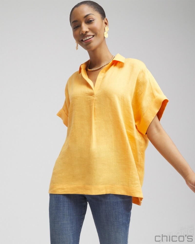 Chico\'s Linen Popover Top Blouses & Shirts Mango Sorbet | 135-BILZJW