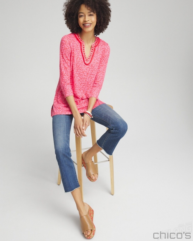 Chico's Linen Reef Embellished Tunic Tops Watermelon Punch | 748-LUKHRA