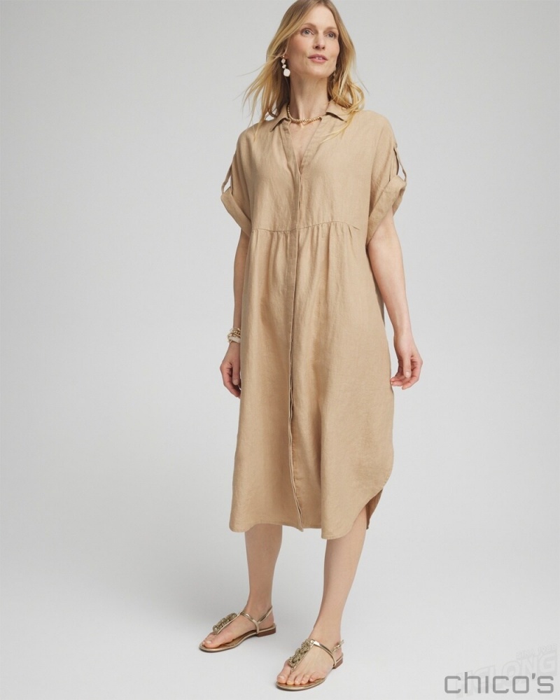 Chico's Linen Roll Tab Dolman Midi Dress Dresses Sycamore | 951-KLXOWV